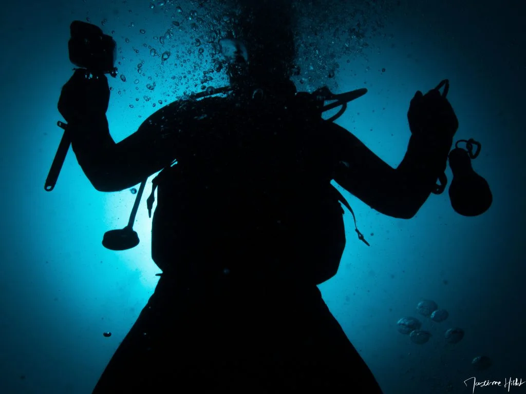 Wide-angle photograph of a backlit diver, allowing only the silhouette to be discerned, taken by Maxime Hiblot. This image shows a diver surrounded by his own bubbles, floating in the vastness of the ocean's blue...