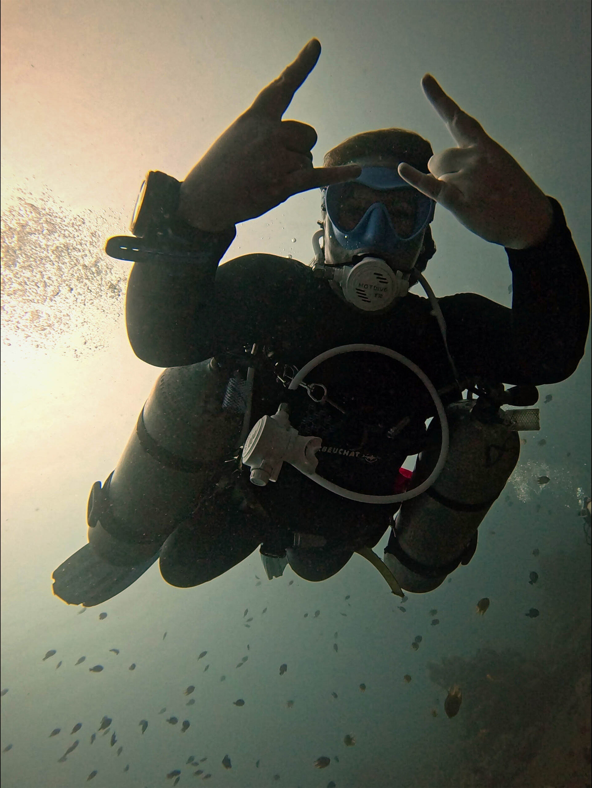 Train in sidemount configuration during the PADI Tec 45 course at Bali Diversity for flexibility, control, and technical efficiency.
