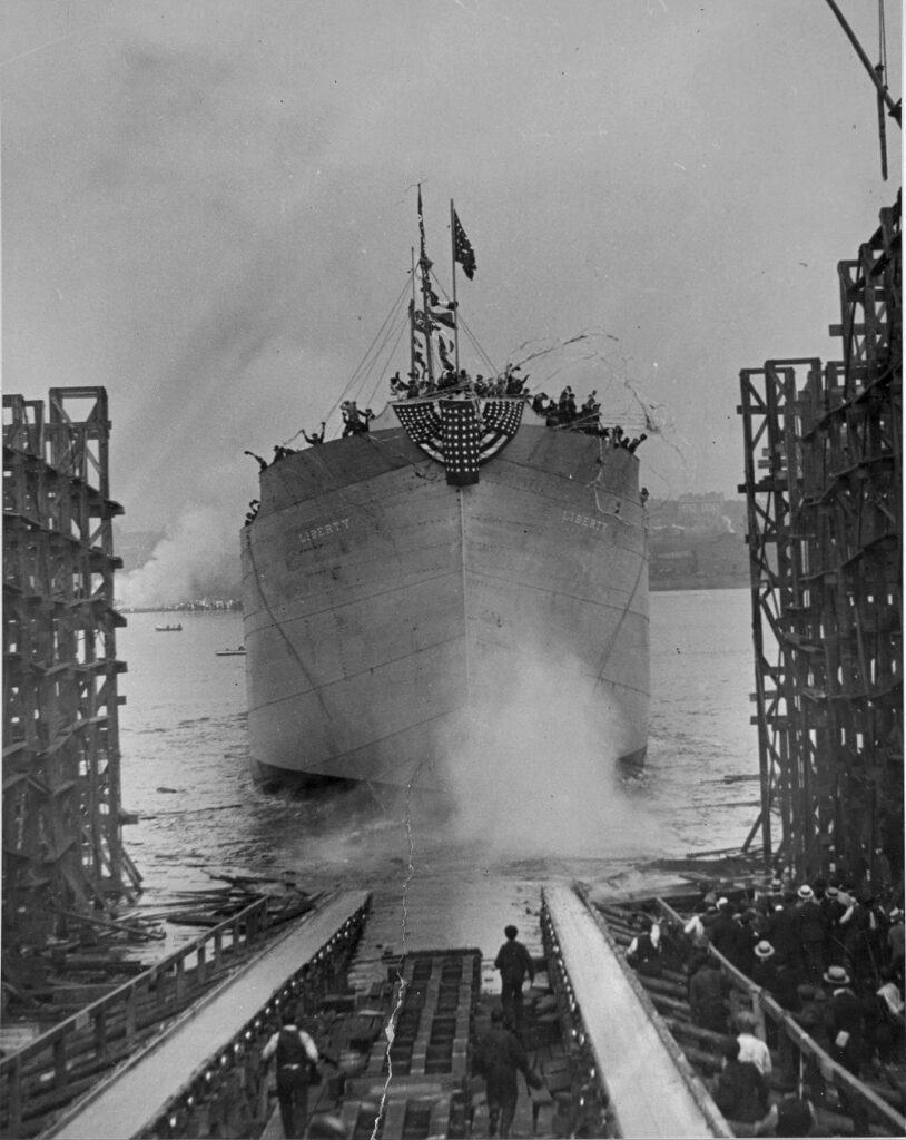 Launch of the Liberty cargo ship in 1918, later known as the USAT Liberty.
