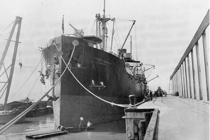 USAT Liberty, the American Army transport ship, in a historical photograph from around 1941.