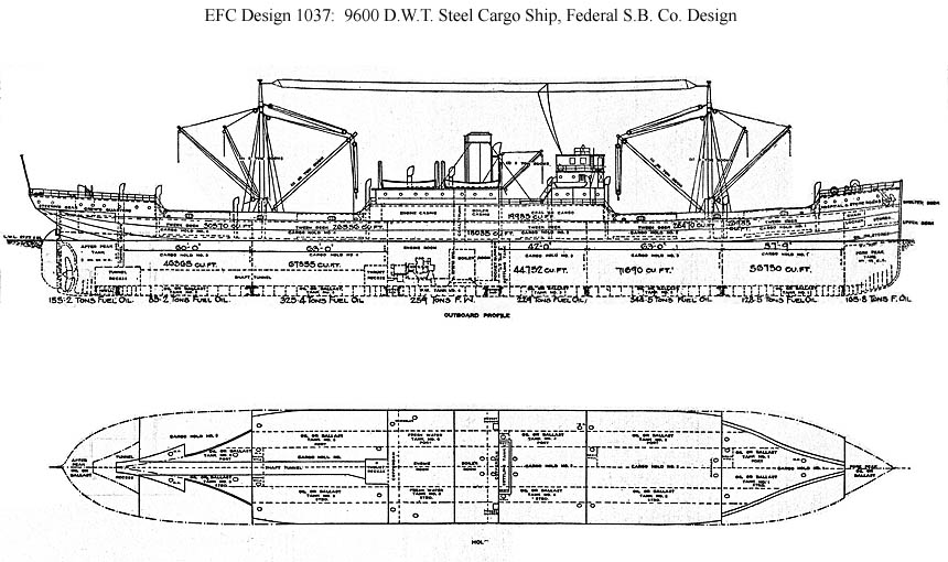 Historical ship blueprint showing the EFC Design 1037 steel cargo ship design associated with the USAT Liberty.